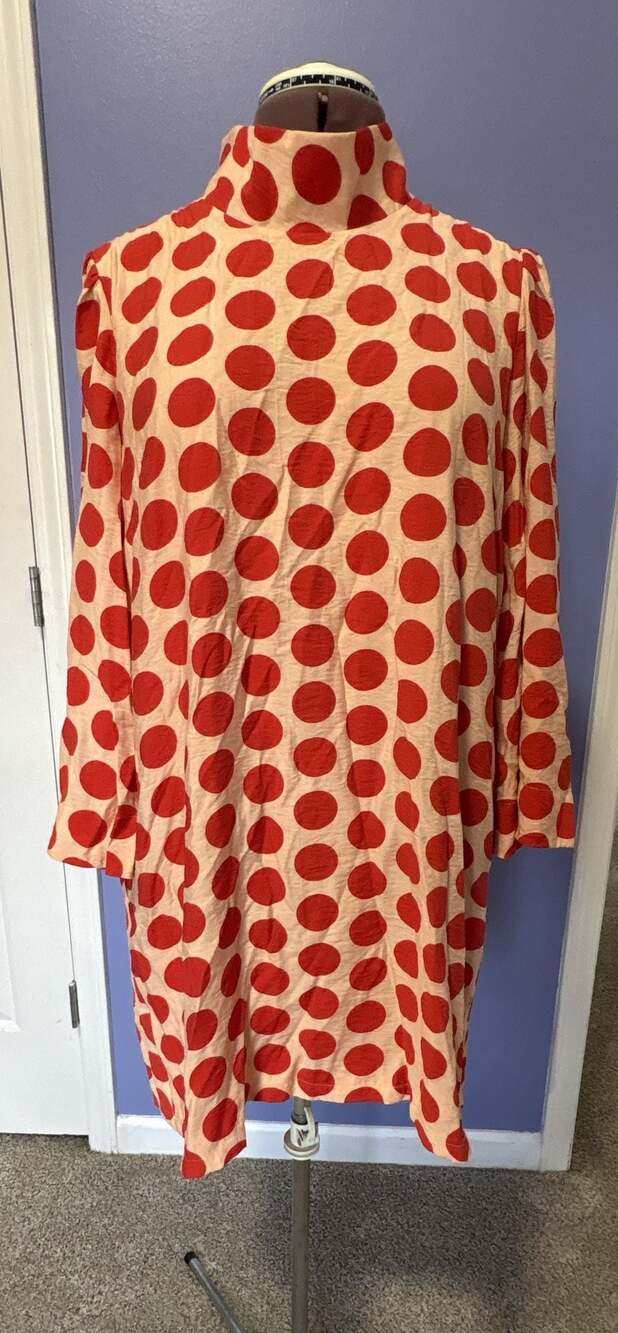 BURU Red & Beige Polka Dot Mock Neck Button Back Tunic Dress